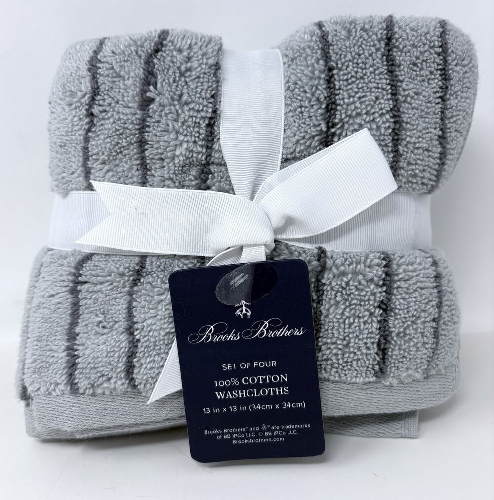 Brooks Brothers Grey Gray Striped Cotton Washcloths 4 Face Cloths 13X13”